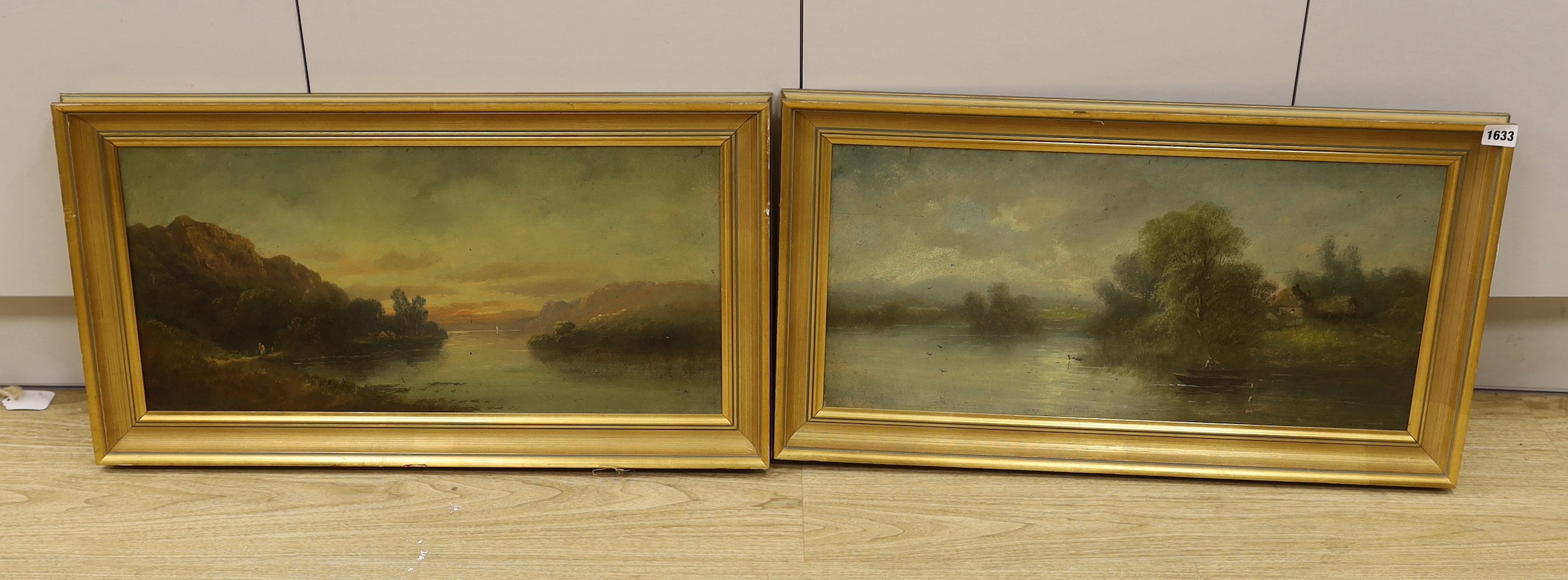 English School, early 20th century, two oil on boards, lake scenes, 29 x 62cm
